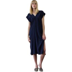 Minimalist Black V-Neck Midi Dress With Cap Sleeves And Side Slits For Women